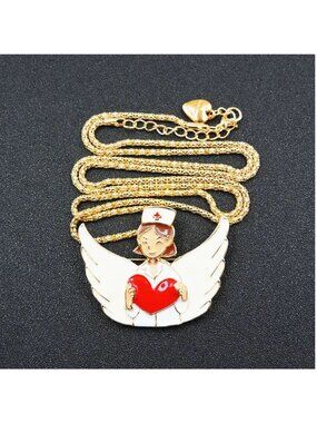 Necklace Enamel Angel Nurse with Heart Pendant Gold Tone